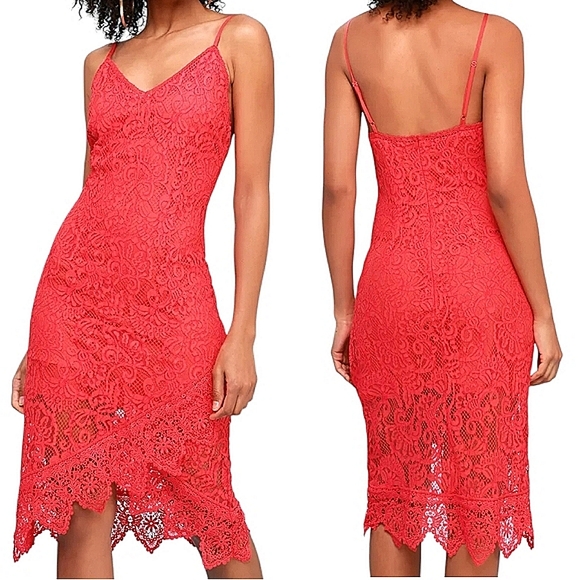 BB Dakota RSVP Rylee Coral Red Lace Bodycon Midi Dress Asymmetrical  Feminine S